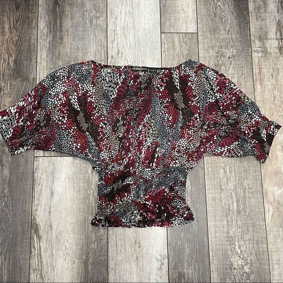 Guess Sheer Red Wine Black Gray Cropped Blouse Elastic Waist Size XSmall - Picture 10 of 14